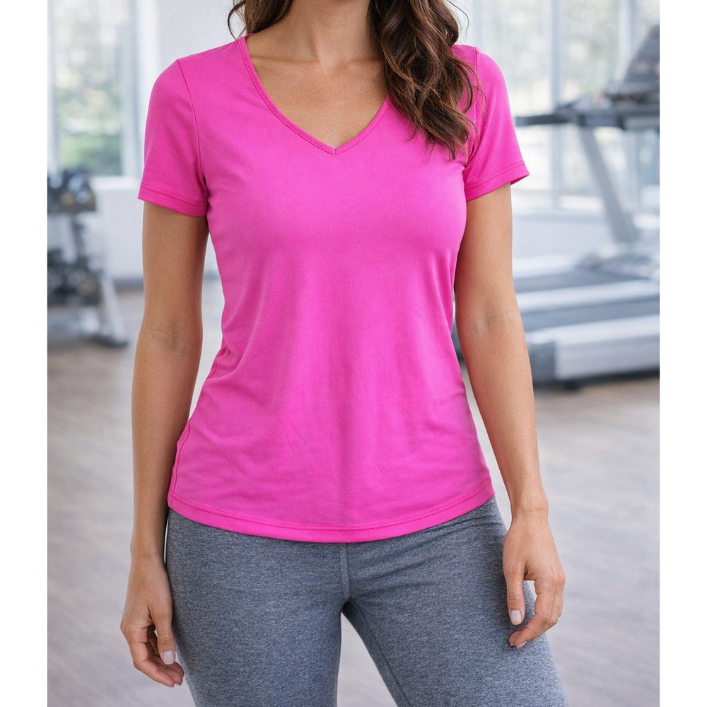 RBX Womens Pink Athletic Top Short Sleeve V Neck Stretch Activewear Medium Gym M